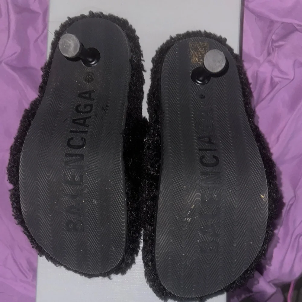 Balenciaga Black Fuzzy Heeled Slippers - Picture 3 of 3